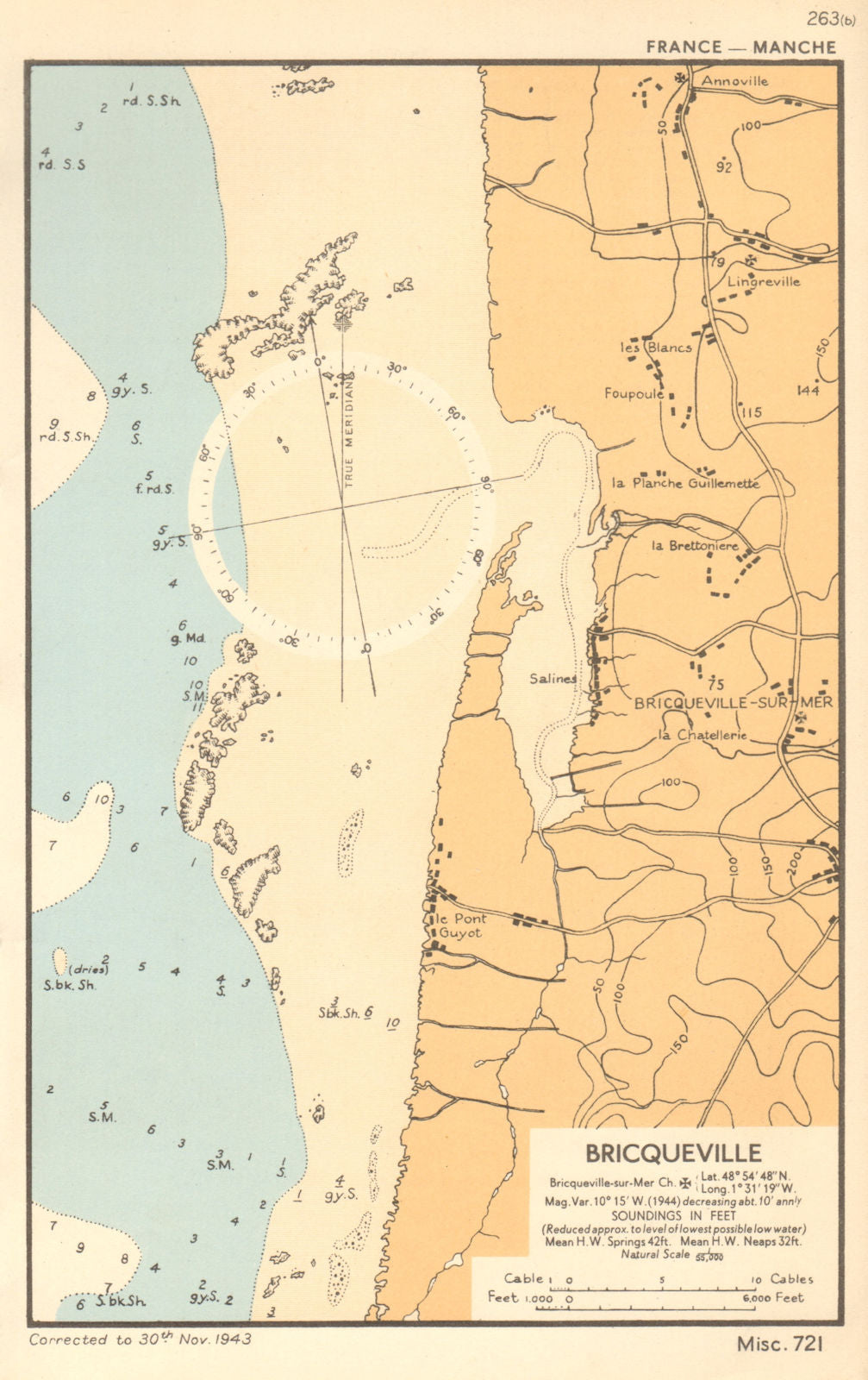 Bricqueville-sur-Mer sea coast chart. D-Day planning map. Manche. ADMIRALTY 1943